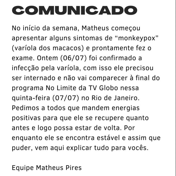 Matheus Pires, do No Limite, pega varíola do macaco (Foto: Reprodução/Instagram)
