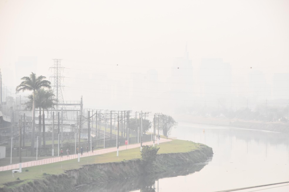 Poluição vista na manhã desta quarta-feira (25) na Zona Oeste da cidade de São Paulo, na altura da Ponte do Jaguaré — Foto: Ronaldo Silva/Futura Press/Estadão Conteúdo