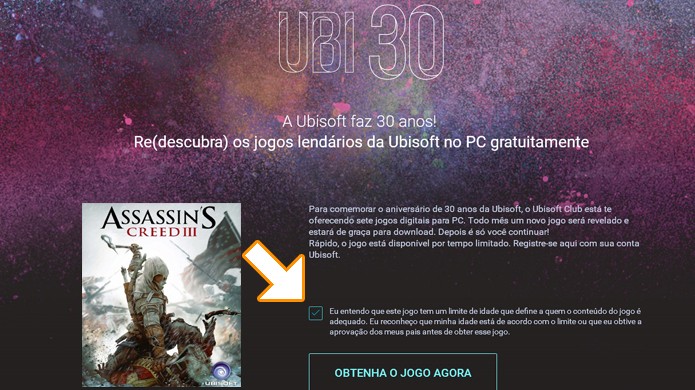 Clque na caixa para afirmar que está ciente da classificação indicativa de Assassin’s Creed 3 (Foto: Reprodução/Rafael Monteiro)