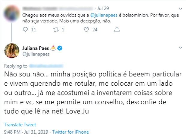 Comentário de Juliana Paes (Foto: Reprodução/Twitter)