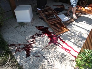 Mancha de sangue no chão após tiroteio entre quadrilhas em Tramandaí (Foto: Robson Alves/Brigada Militar)