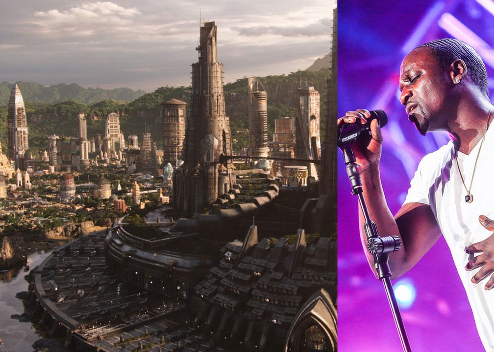 A cidade de Wakanda, do filme 'Pantera Negra', e Akon durante show recente — Foto: Divulgação