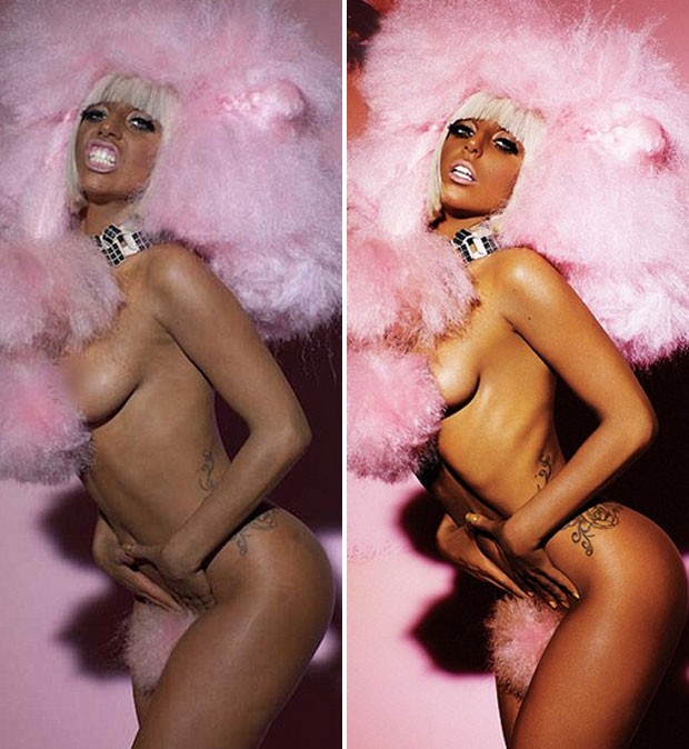 Lady Gaga sem retoque (esquerda) e com Photoshop (direita) (Foto: Reprodução)