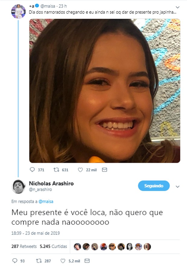 Nicholas Arashiro responde Maisa Silva sobre Dia dos Namorados (Foto: Reprodução/Twitter)