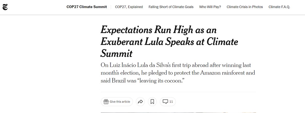 Imagem de texto do New York Times sobre Lula na COP27 — Foto: Reprodução/New York Times