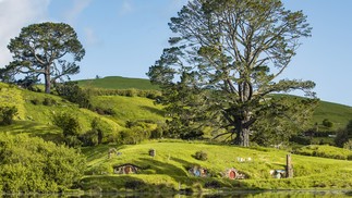 Vista ampla para as colinas de Hobbiton, o set de filmagem de 'Senhor dos anéis' que virou atração turística na Nova Zelândia — Foto: Divulgação / Larnie Nicolson