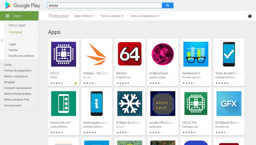 Busca por “AnTuTu” na Google Play Store não exibe nenhum app da empresa — Foto: Reprodução/Google Play Store
