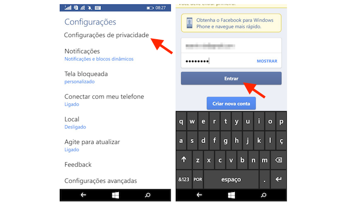 Acessando as configurações de privacidade do Facebook pelo Windows Phone (Foto: Reprodução/Marvin Costa)