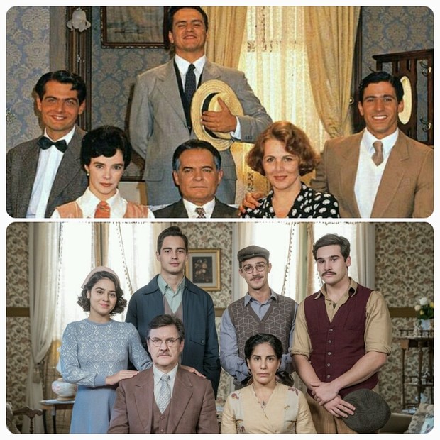 Elencos de Éramos Seis no SBT, em 1994 (acima), e da Globo, em 2019 (abaixo) (Foto: Divulgação)