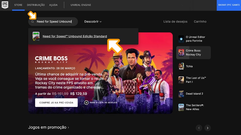 Acesse a Epic Games Store, procure por Need for Speed Unbound na busca e selecione o resultado desejado — Foto: Reprodução/Rafael Monteiro