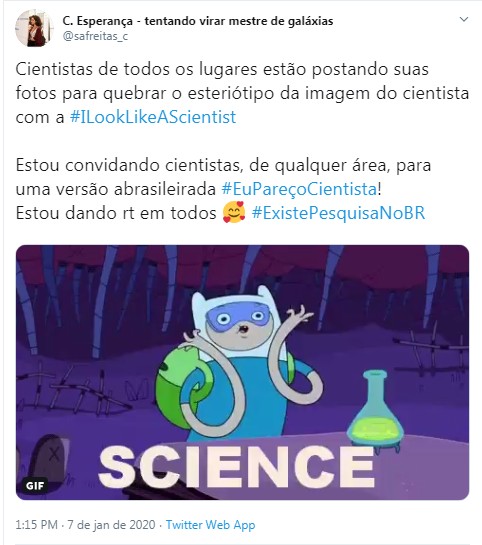 A astrônoma Camila de Sá Freitas fez um convite aos pesquisadores do Twitter e pediu para que publicassem sua imagem com o objetivo de desmistificar o estereótipo de cientista (Foto: Reprodução/Twitter)