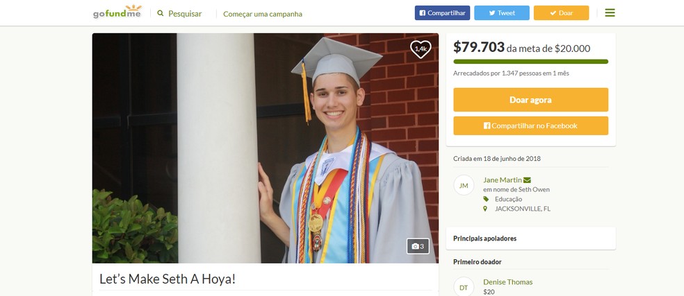 Em poucas semanas a pÃ¡gina jÃ¡ tinha arrecadado mais de 50 mil dÃ³lares. â€” Foto: Gofundme/ReproduÃ§Ã£o