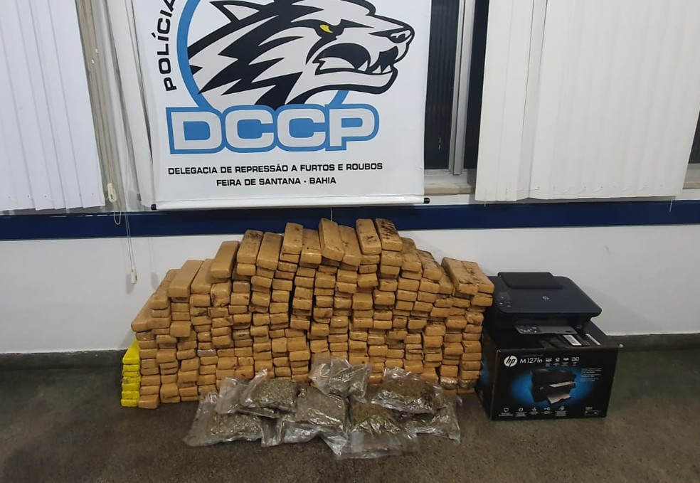 Suspeito de tr&aacute;fico de drogas &eacute; preso com quase 200 kg de maconha transportada em &ocirc;nibus clandestino na BR-116 &mdash; Foto: Pol&iacute;cia Civil/Divulga&ccedil;&atilde;o