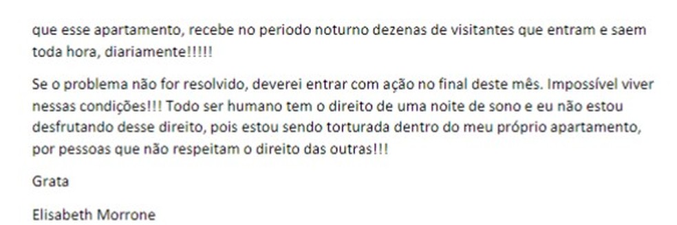 Continuação do texto da moradora ao síndico — Foto: Reprodução