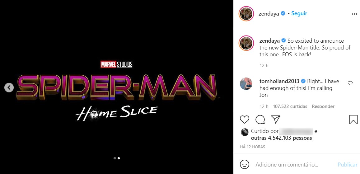 A publicação de Zendaya sobre o novo filme de Homem-Aranha (Foto: Reprodução / Instagram)