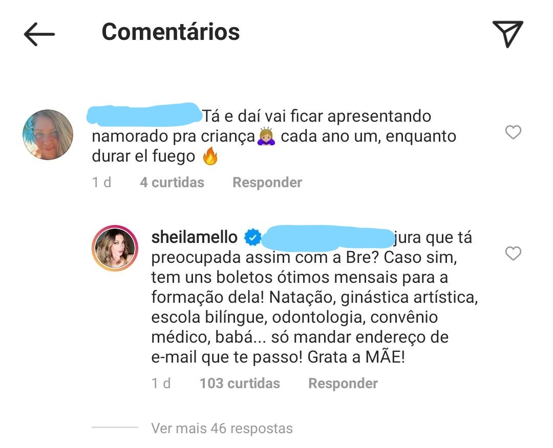 Sheila Mello rebate comentário de seguidora sobre foto de Brenda com Feijão (Foto: Reprodução/Instagram)
