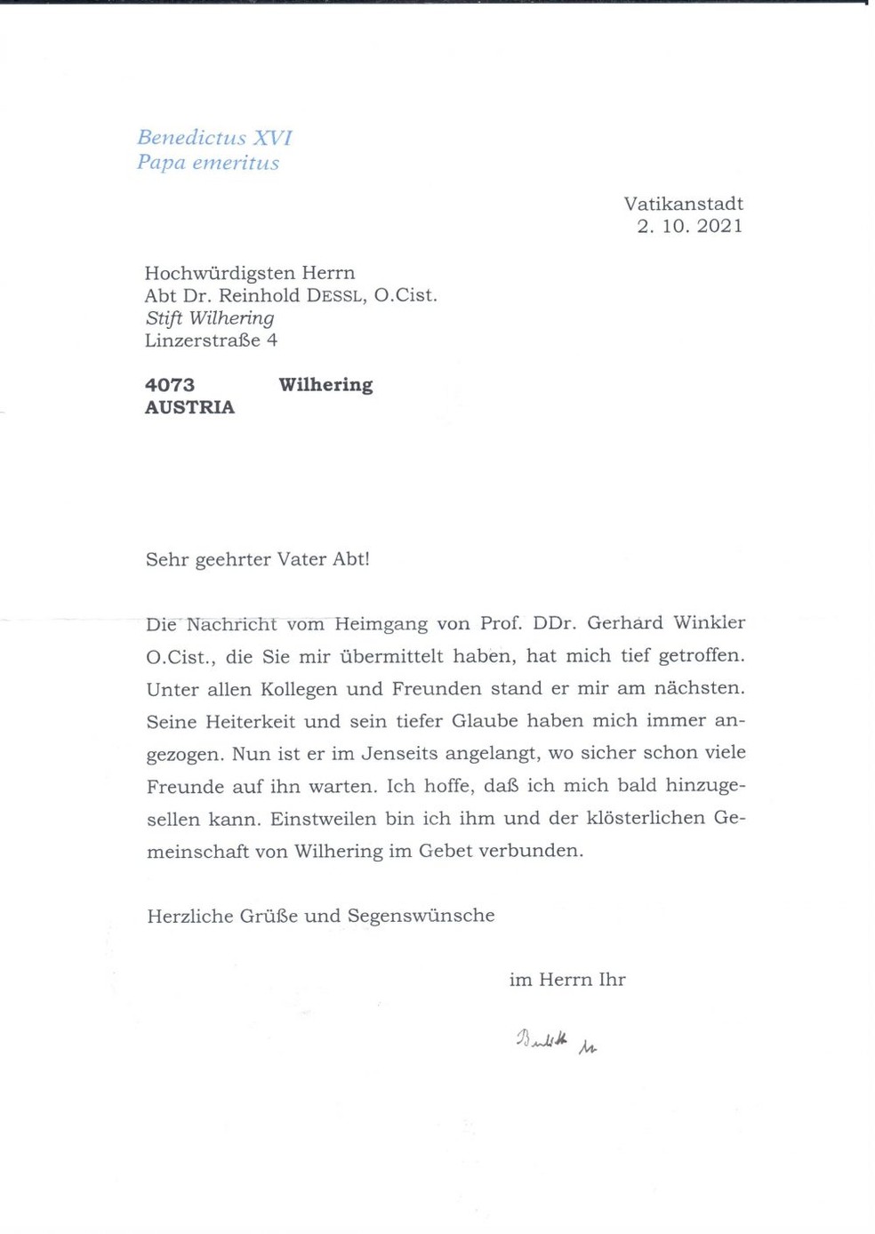 Carta em que Bento XVI afirma esperar pela morte — Foto: Divulgação/Stift Wilhering