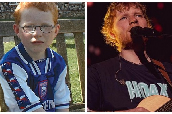 O músico Ed Sheeran em foto de infância e em registro feito em um show (Foto: Instagram)