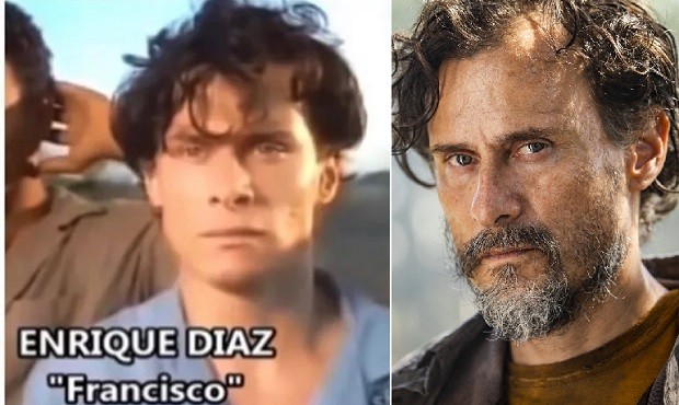 Dose dupla de Pantanal: Enrique Diaz como Francisco, o Chico, em 1990, e como Gil, em 2022 (Foto: Reprodução e João Miguel Junior/Globo)