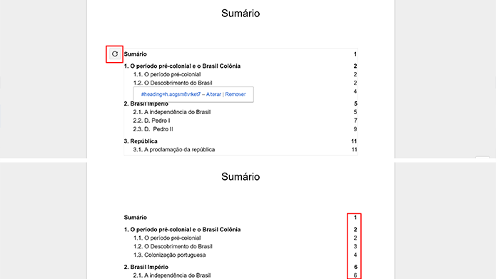Google Docs tem opção para atualizar o sumário em caso de alteração de páginas (Foto: Reprodução/Elson de Souza)