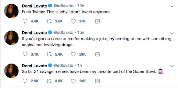 Os tuítes compartilhados por Demi Lovato lamentando os ataques a ela e com o anúncio da saída dela da rede social (Foto: Twitter)
