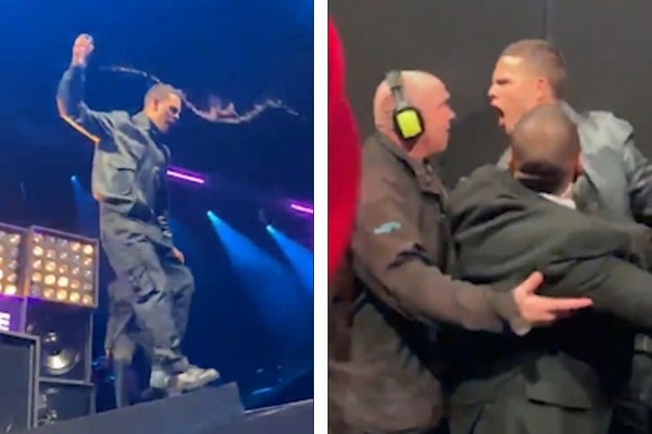 O rapper inglês Slowthai sendo controlado por seguranças do NME Awards 2020 após tentar agredir o público da premiação (Foto: Twitter)