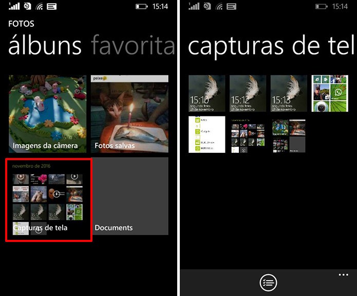 Lumia 630 separa capturas de tela em um álbum da galeria do Windows Phone (Foto: Reprodução/Elson de Souza)