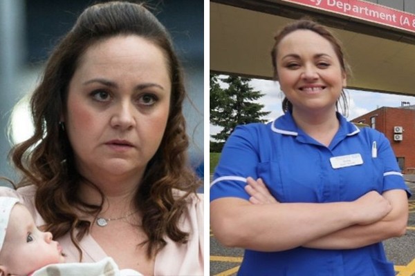 Vicky Hall na série Casualty (esq.); hoje ela também trabalha como enfermeira (Foto: Divulgação; Instagram / reprodução)