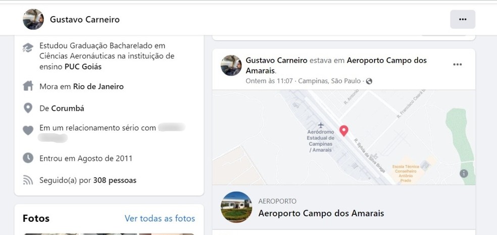 Última publicação de Gustavo, ontem, foi check in no aeroporto de Campinas   — Foto: Redes sociais/Reprodução