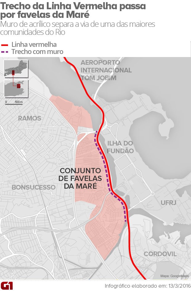 Arte mostra Linha Vermelha e o Conjunto de Favelas da Maré (Foto: Editoria de Arte/G1)