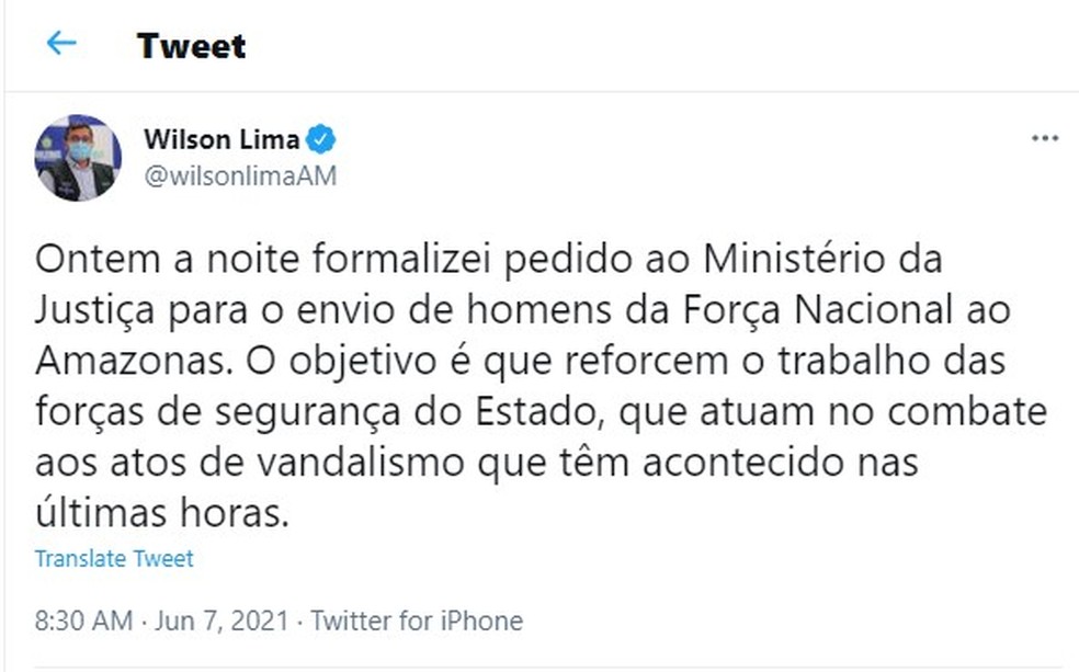 Wilson Lima diz que pediu apoio da Força Nacional para conter ataques no Amazonas — Foto: Reprodução