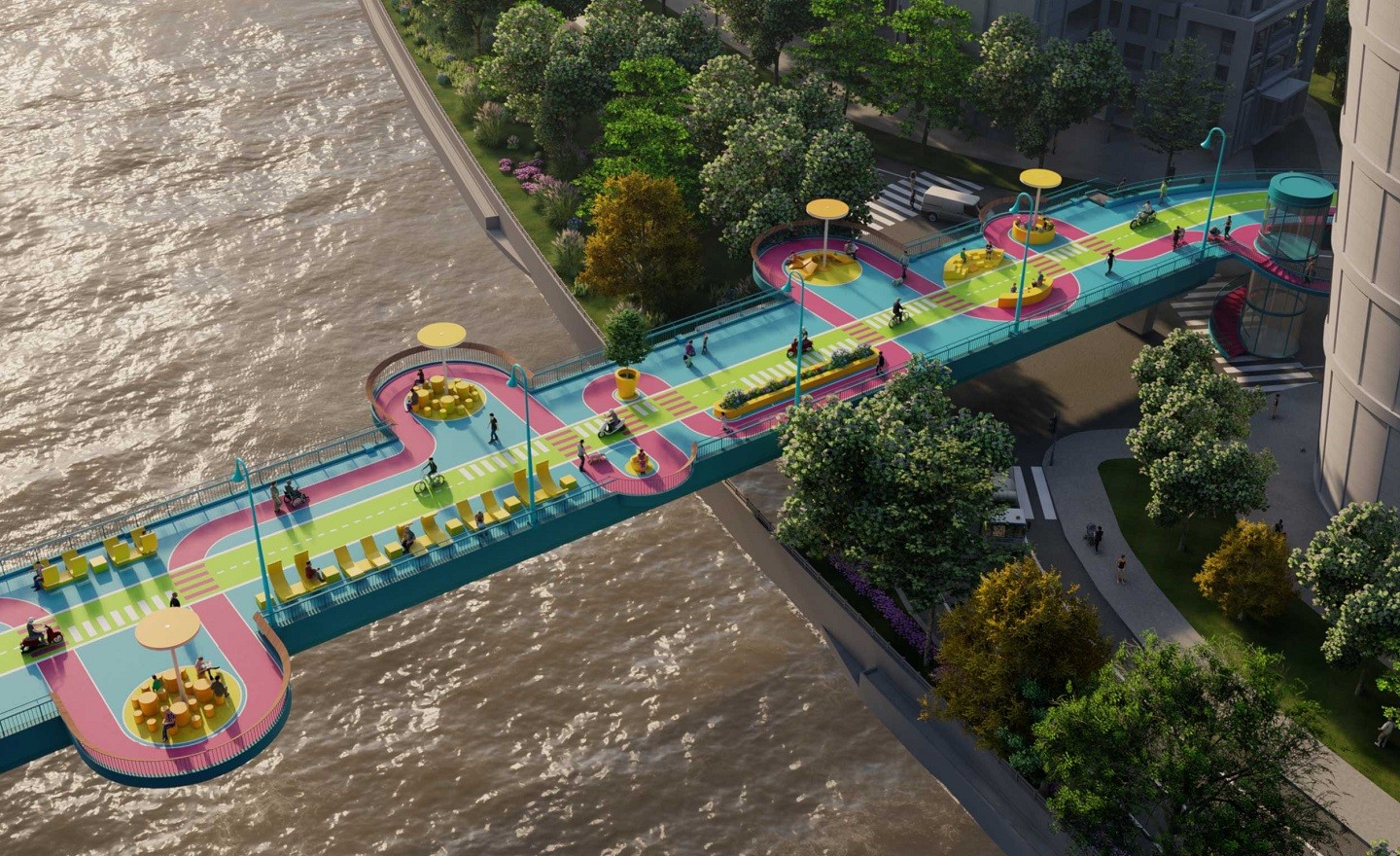 Estúdio projeta ponte com cores brilhantes e formas divertidas em Xangai (Foto: 100architects)
