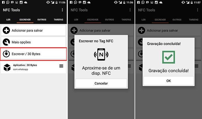 NFC Tools escreverá o comando na sua tag para que você possa abrir o aplicativo automaticamente (Foto: Reprodução/Elson de Souza)