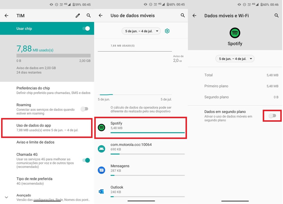Nas telas seguintes, desative a chave ao lado de "Dados em segundo plano" — Foto: Reprodução/Clara Fabro