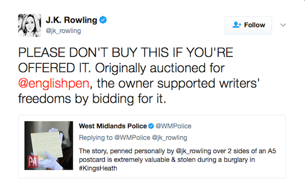 A mensagem compartilhada por J.K. Rowling, autora de Hary Potter (Foto: Twitter)
