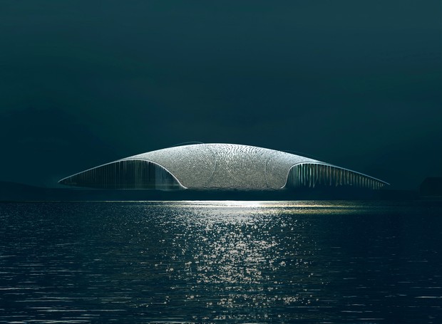 Vista noturna do observatório The Whale, projetado pelo estúdio dinamarquês Dorte Mandrup (Foto: MIR/Divulgação)