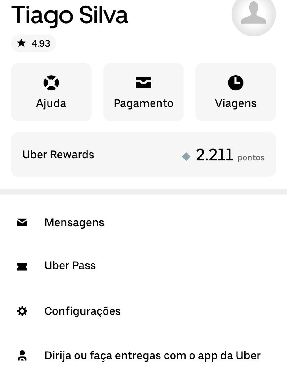 Página de perfil do aplicativo Uber — Foto: Reprodução