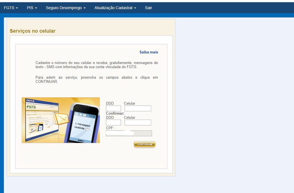 PÃ¡gina de pedido de saldo do FGTS pelo celular â€” Foto: ReproduÃ§Ã£o