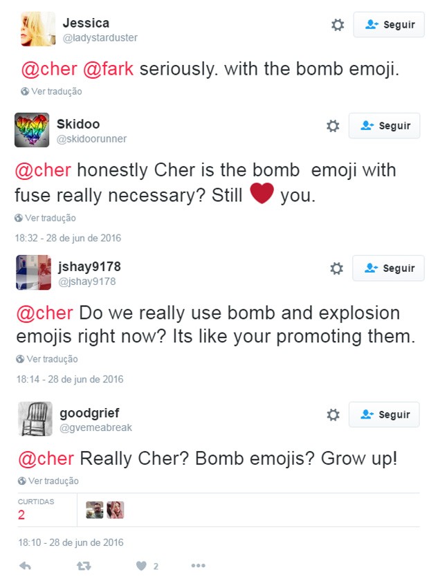 Cher faz post em solidariedade às vítimas de Istambul e recebe críticas por conta de emojis (Foto: Reprodução/Twitter)