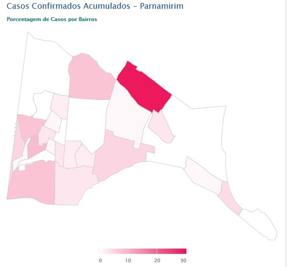 Mapa de Parnamirim aponta bairros com casos confirmados de coronavírus — Foto: Reprodução/LAIS