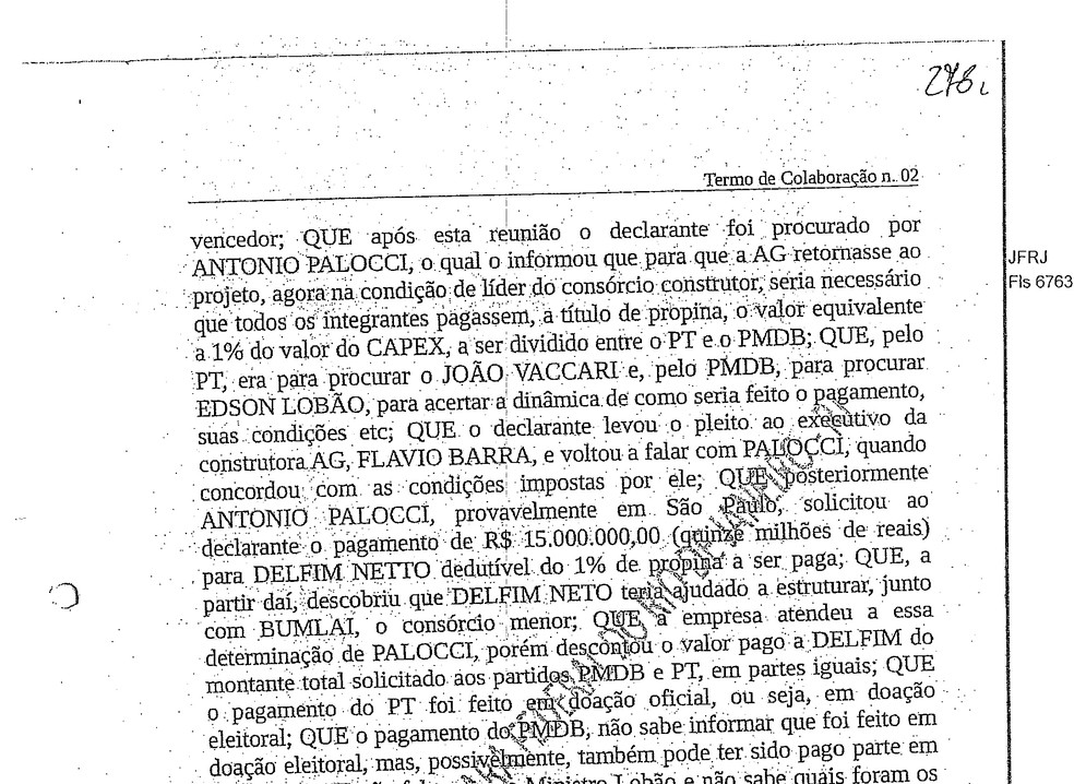 Trecho da delação de Otávio Azevedo, ex-presidente da Andrade Gutierrez, cita propina de R$ 15 milhões para Delfim (Foto: Reprodução)