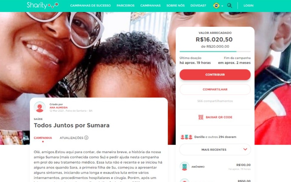 Uma campanha foi lançada para arrecadar dinheiro para o tratamento de Sumara Araújo — Foto: Reprodução