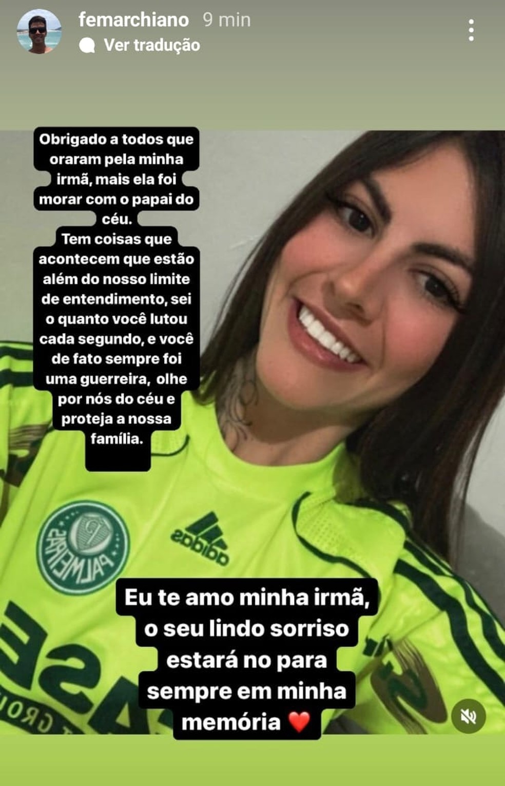 Irmão de Gabriela Anelli lamenta morte da palmeirense — Foto: Reprodução/Instagram