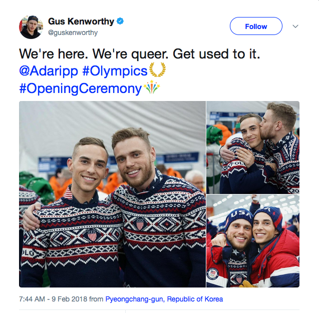 A mensagem do esquiador Gus Kenworthy em fotos em que ele aparece com seu namorado, o patinador Adam Rippon (Foto: Twitter)