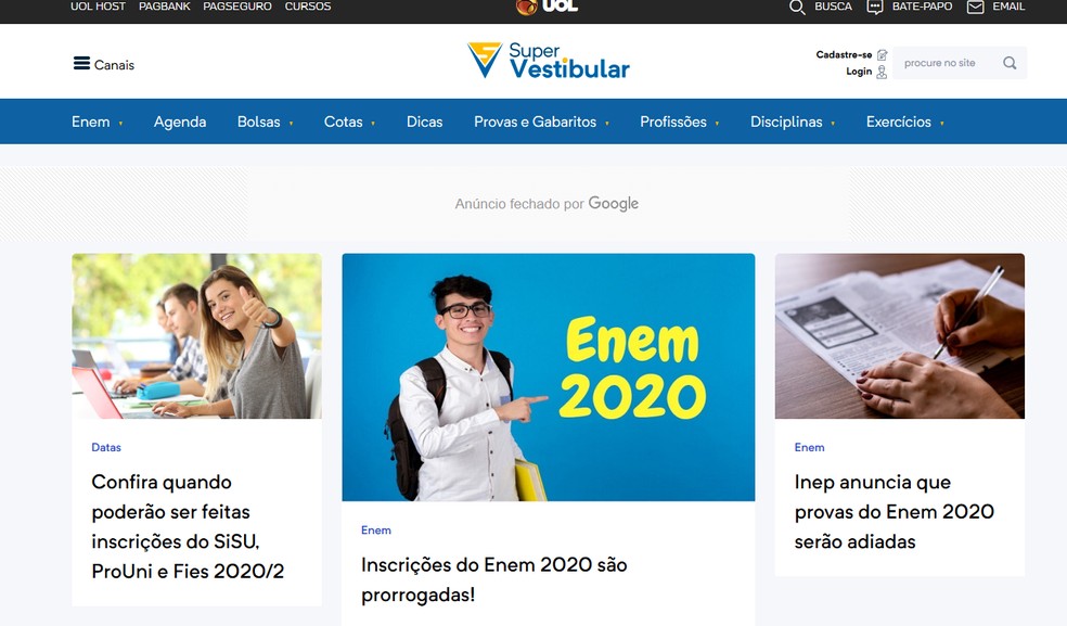 Site Super Vestibular não pede cadastro, é só acessar e realizar testes e simulados — Foto: Reprodução: Barbara Ablas