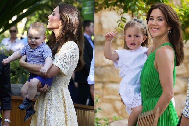 Kate Middleton, holding her son and heir to the throne, Prince George, and Mary of Denmark, with daughter Princess Josephine, both have a similar approach to their royal appearance (Foto: Getty)