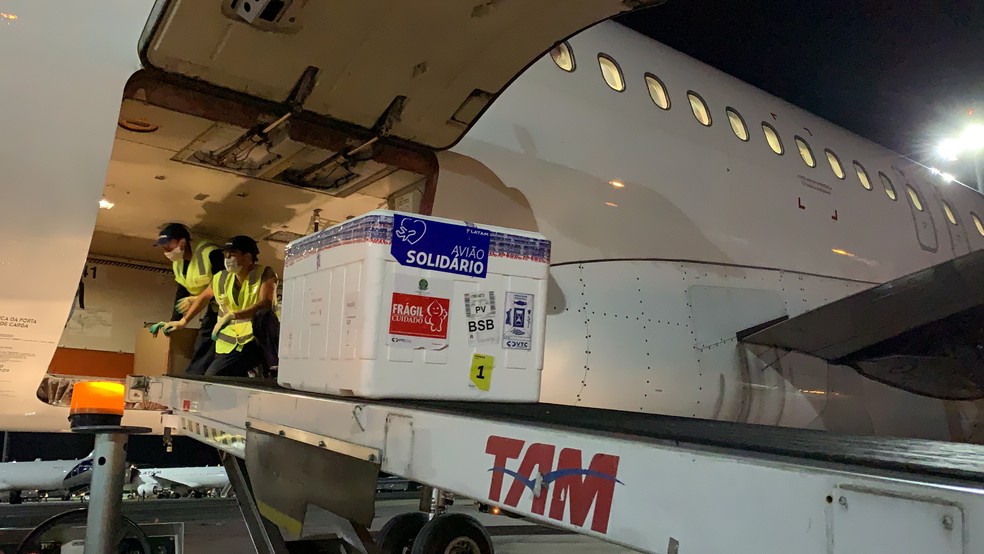 Doses da CoronaVac chegaram ao DF nesta terça-feira (9) — Foto: Aeroporto de Brasília/Divulgação