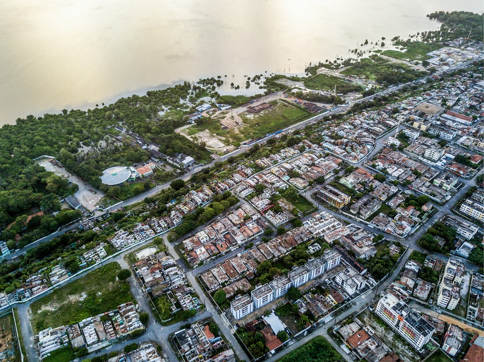 Nível da água sobe e começa a encobrir manguezal às margens da Lagoa Mundaú, em Maceió — Foto: Jonathan Lins/G1