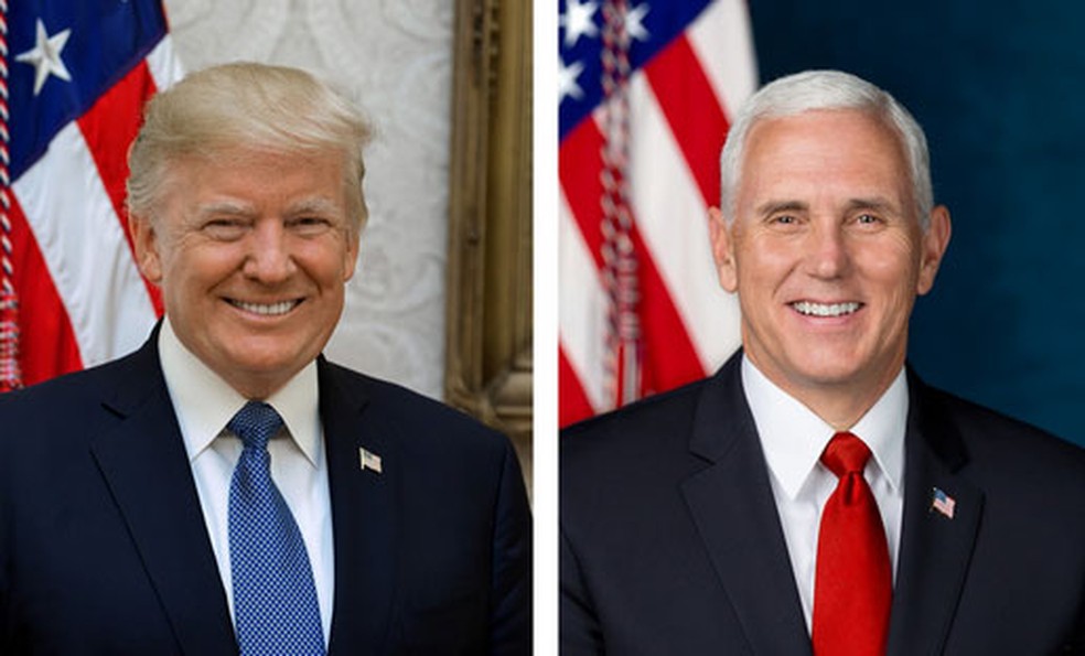 Fotos oficiais do presidente americano, Donald Trump, e do seu vice, Mike Pence, foram divulgadas pela Casa Branca (Foto: Reprodução G1/ Casa Branca)
