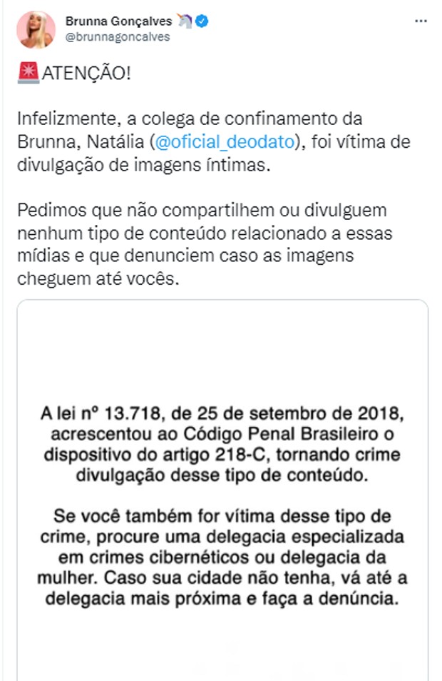Equipe de Brunna Gonçalves repudia vazamento de vídeo da sister Natália, do BBB22 (Foto: Reprodução/Twitter)